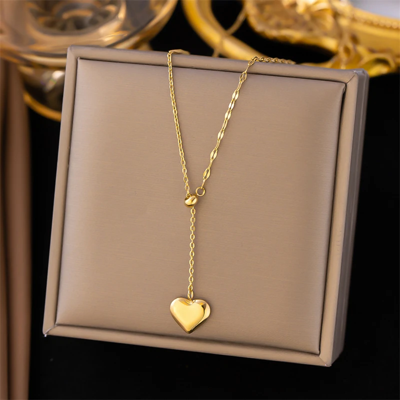 316L Stainless Steel Fashion Fine Jewelry Gold Color Lovers Vintage Love Heart Charms Chain Choker Necklaces Pendants For Women