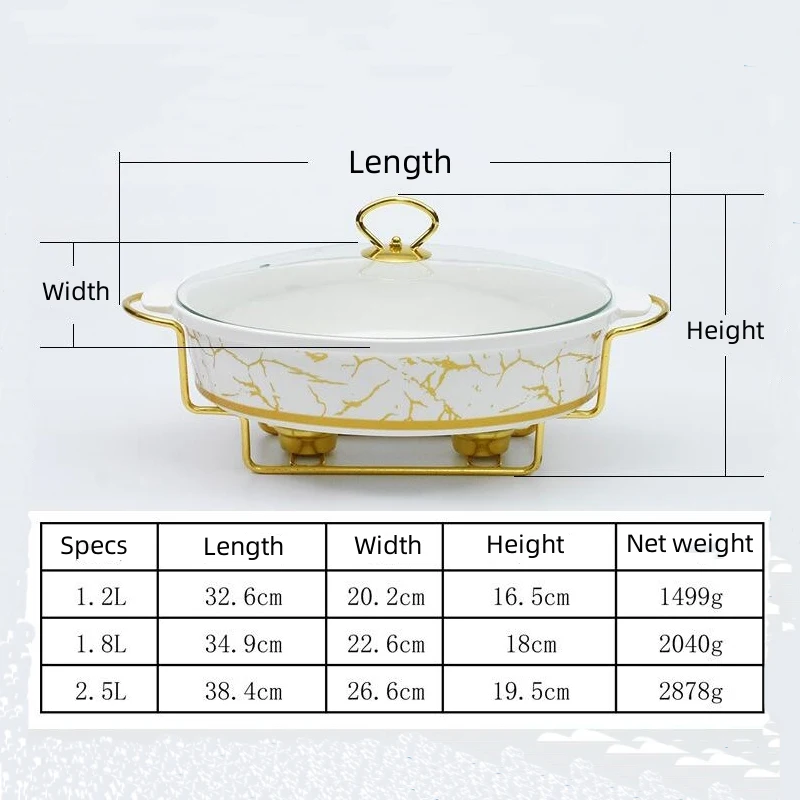 1.2/1.8/2.5L Food Warmer Hotel Buffet Ceramics Oval Wedding Chafing Dish Stainless Steel Serving Dish Hot Pot Alcohol Stove