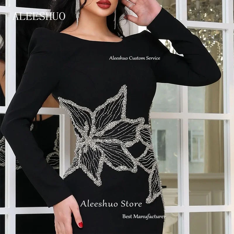 فستان سهرة حورية البحر باللون الأسود الحديث بسيط برقبة دائرية وأكمام طويلة مثير بفتحة جانبية وطيات لامعة ومطرز بالكريستال حسب الطلب #3