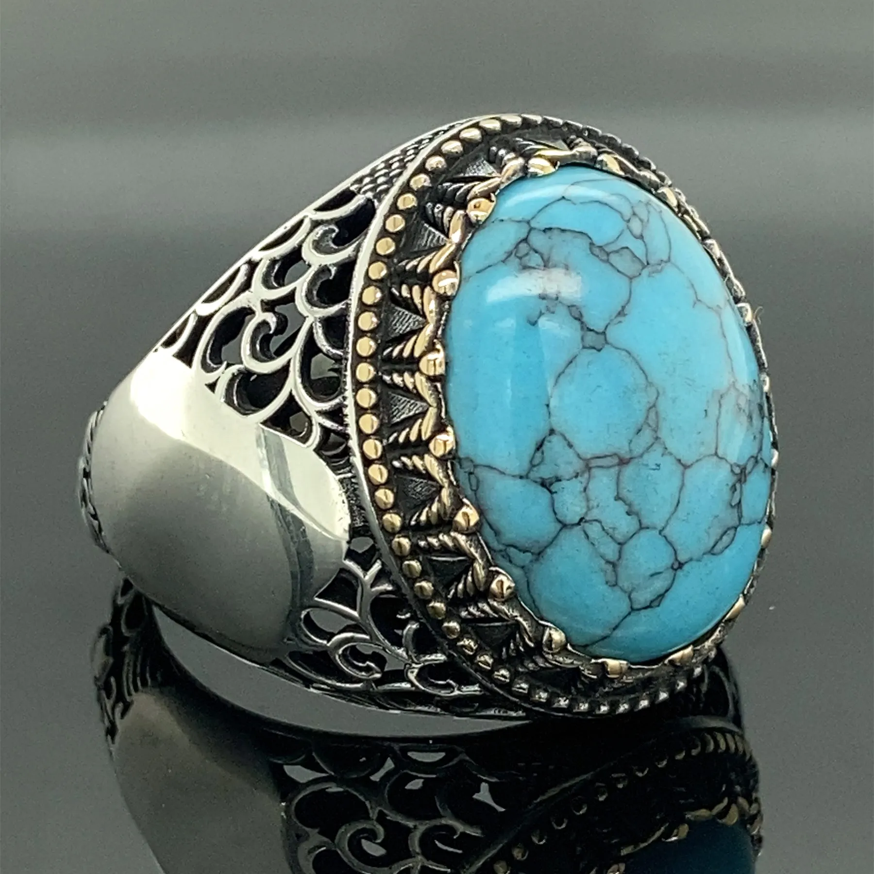 

Sterling Silver Ring , Turquoise Stone Ring , Oval Men Rings , Natural Stone Ring , Handcrafted Ottoman Men Ring , Gift For Him