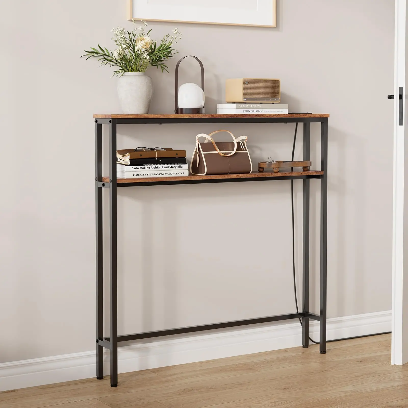 Narrow Console Table With Power Outlets, 2-Tier Slim Sofa Table With USB-C, Behind Couch Entryway Table For Living Room