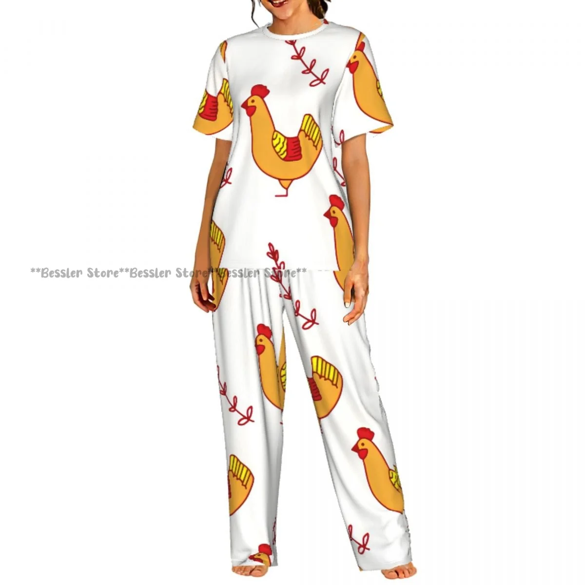 

Women's Pajamas Set Chicken And Twig Background Short Sleeve Sleepwear 2 Piece Homewear Loungewear