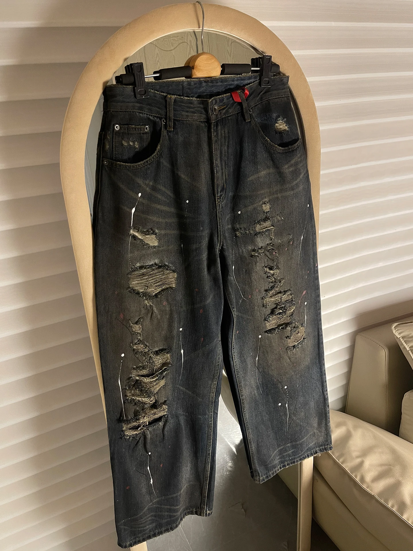 

Parisian Sle American Loose Straight Leg Jeans Men's Distred Dye Spill Dir Denim Casual Cotton Polyester Blend