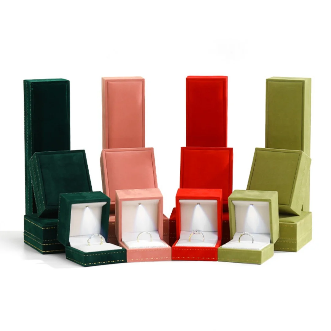 Velvet Jewelry Box with LED Lighting High-End Ring Earring Necklace Bracelet Storage Box Jewelry Display Case Gift Packaging Box