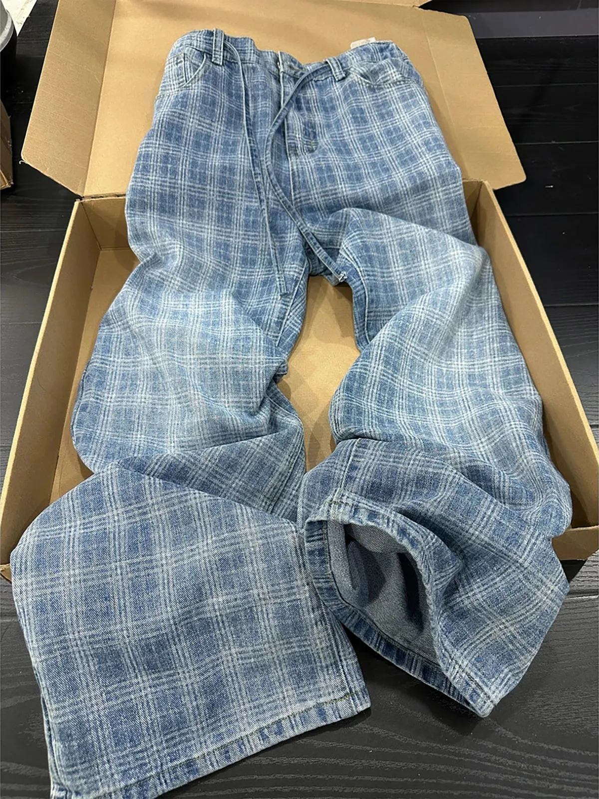 Blue Plaid Straight Leg Jeans Loose Fit Summer Slimming Long Leg Effect Wide Leg Pants for Men Casual Youthful Style