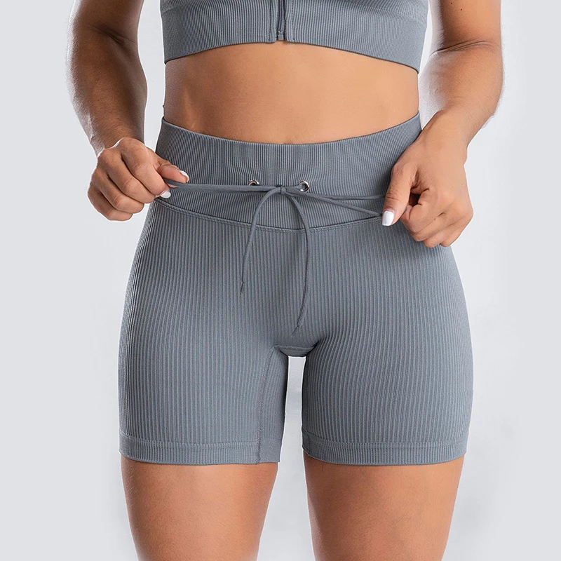 Sport Shorts Women Push Up High Waist Drawstring Long Yoga Shorts Tummy Control Compression Workout Gym Tight Shorts