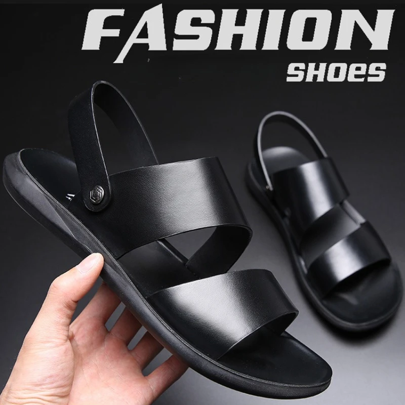 

Men's Sandals Summer New Outdoor Black Genuine Leather Casual Beach Shoes Soft Bottom Anti-slip Sandals Comfort Flats Slippers