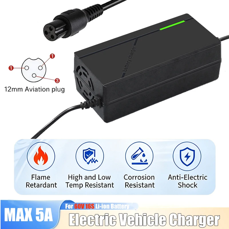 67.2V 5A Lithium Battery Charger 3-Pin 12mm Aviation Plug for 60V 16S VSETT 10+ ZERO 10X YUME X11 / Y11 / M10 / Kaabo Mantis 10