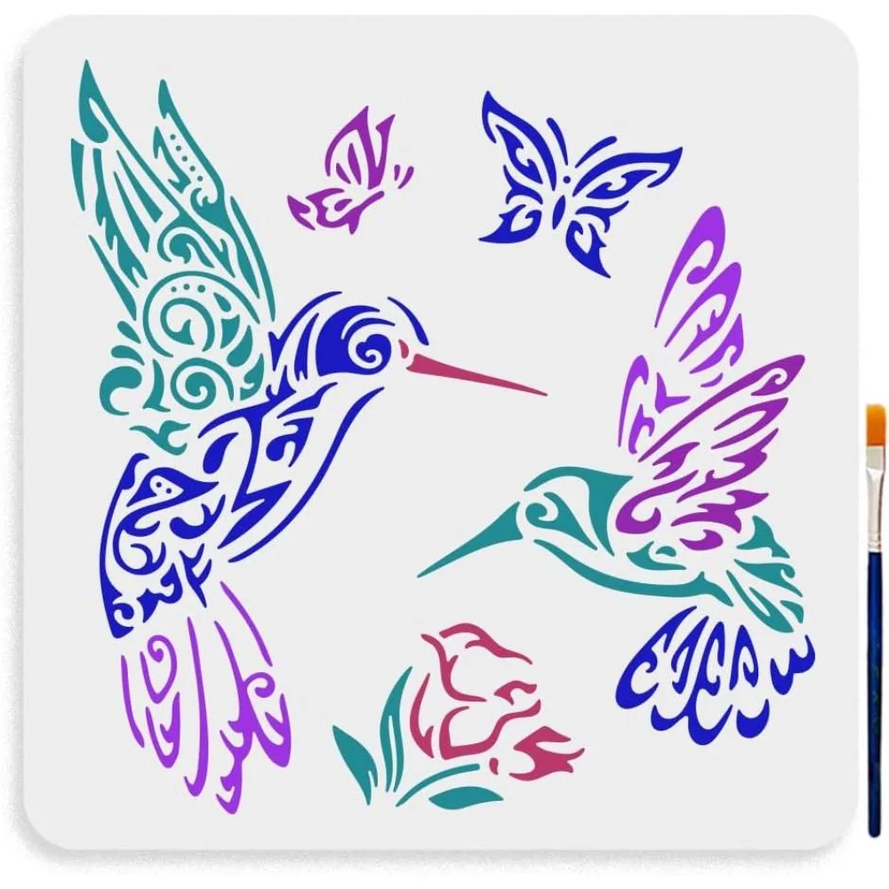 Hummingbird Pattern Stencil 11.8×11.8inch Large Decorative Hummingbird Flowers Drawing Stencils Painting Canvas Fabric