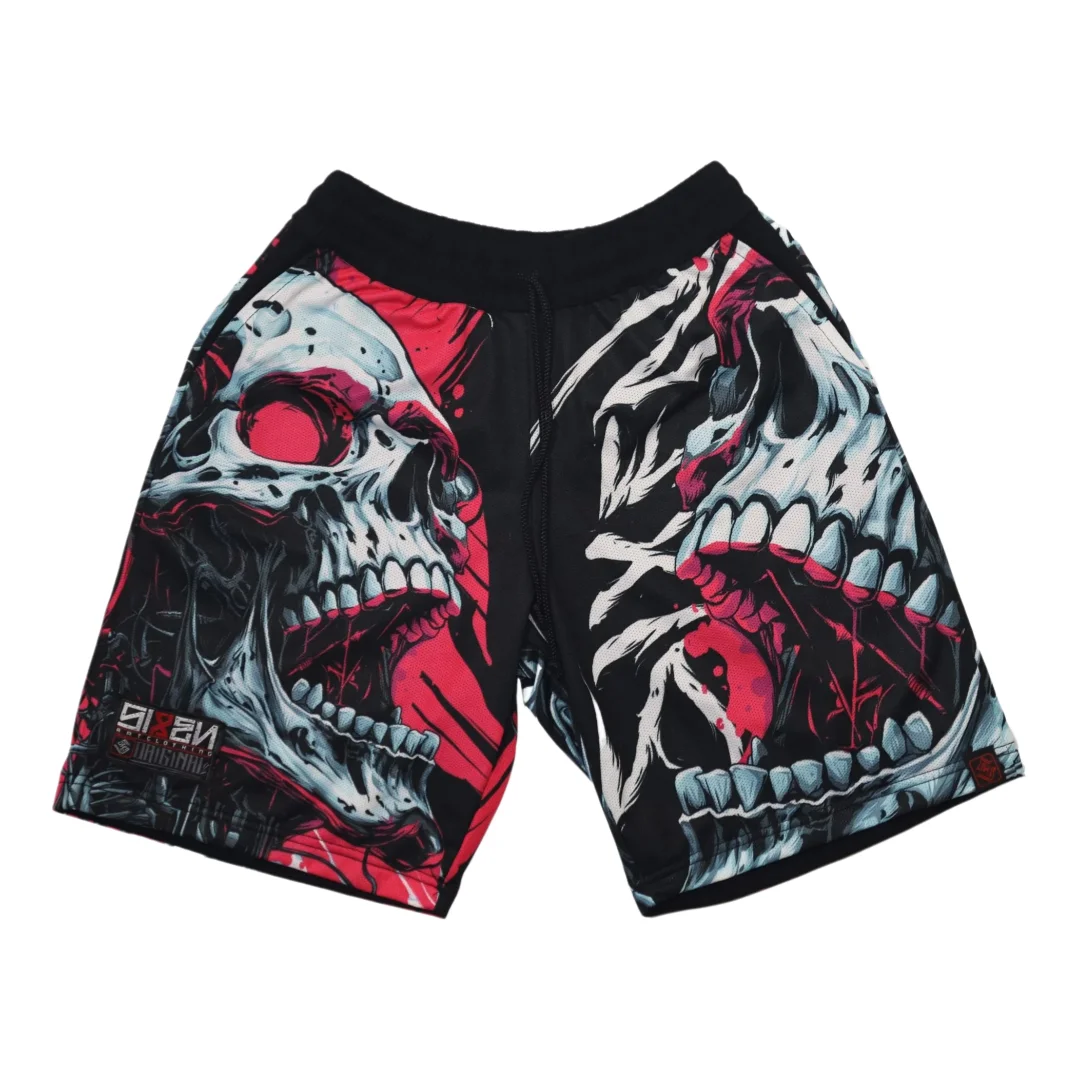 American Comic Book & Tattoo Style Skull Element Dark Street Style Mesh Shorts Summer Men's Casual Shorts for Fitness Fighting