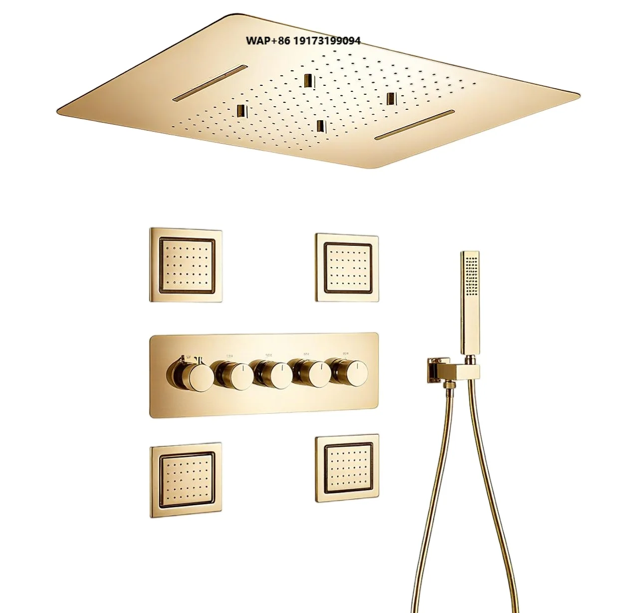 Luxury Brush Gold 19x23 Inch Rain Waterfall Rainfall Mist Shower Faucet Set Complete Full Body Thermostatic Shower System Sets