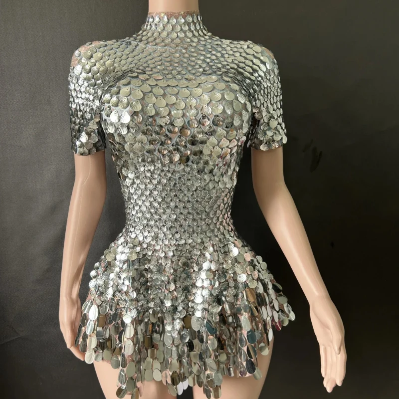 فستان نسائي فضي مثير للنوادي الليلية يوتار لامع جميل ترتر زي صغير للاحتفال بحجر الراين تنورة بار لأعياد الميلاد #1