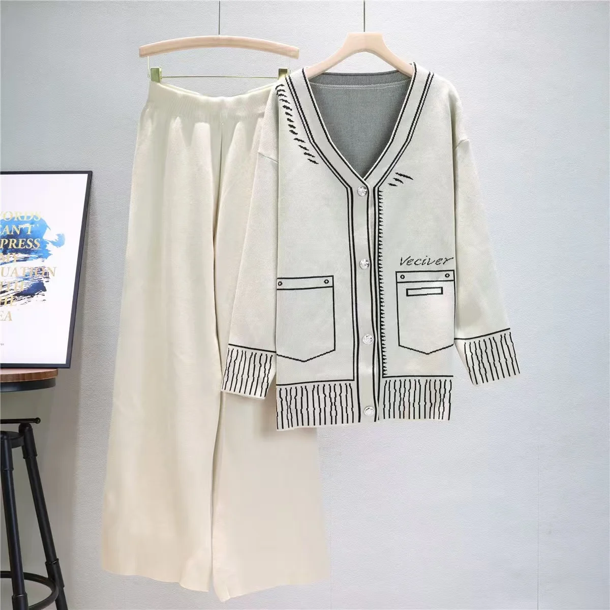 Fashion Knitted Cardigan Set Long Sleeve Women's Autumn Wide Leg Pants Two Piece Set Loose Sweater Top Coat Clothes for Women