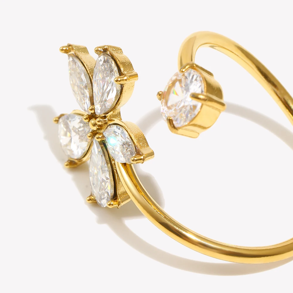 E.B.belle Elegant Style Double Layers Zircon  Flower Ring 18K Gold Plated Stainless Steel Women Open Finger Jewelry