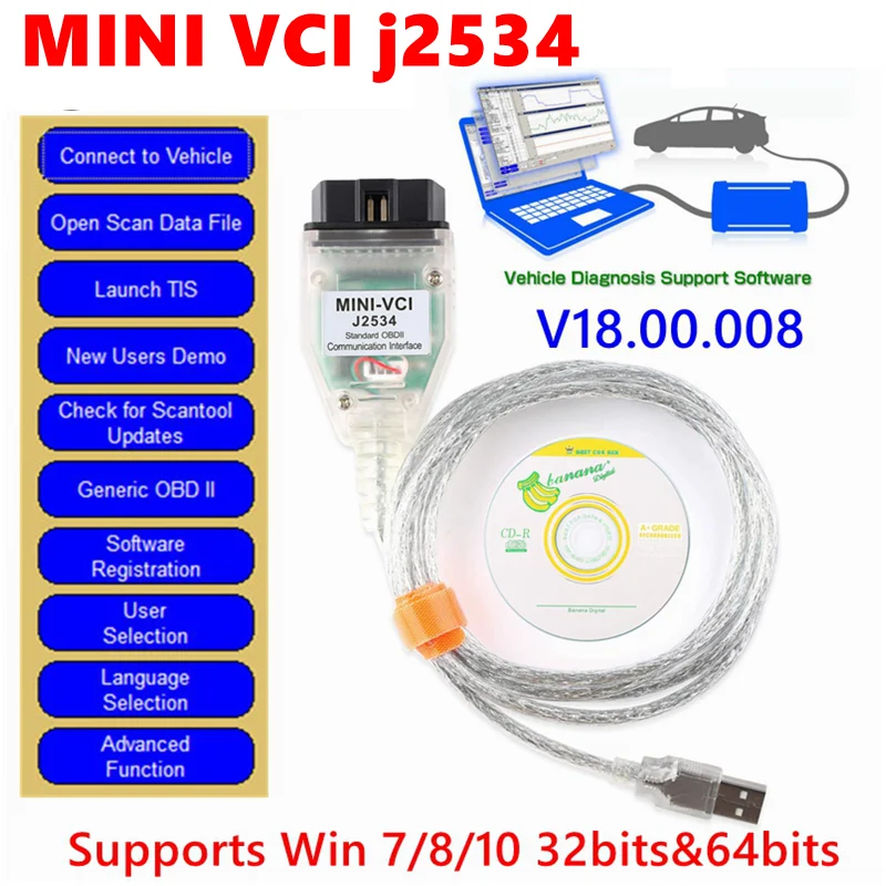 Dernière version V18.00.080 Mini Vci J2534, outil de diagnostic de véhicules compatible avec les derniers modèles de voitures, notamment les Toyota, câble de diagnostic OBD2.
