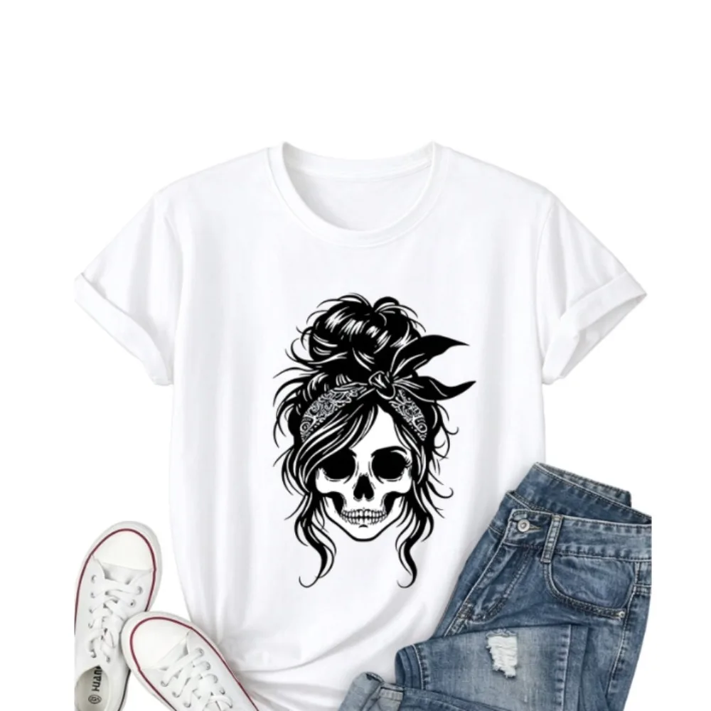 Messy Bun Skull With Bandana Graphic Tee, Gothic Woman Skull Head Art Print, Women Casual Crew Neck Cotton Short Sleeve T-shirt