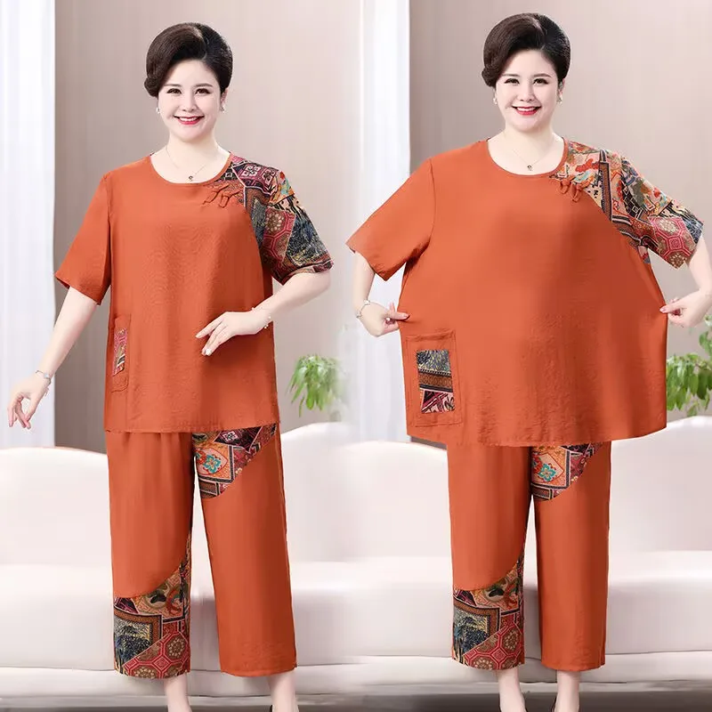 

Summer Mom Cotton and Hemp Two Piece Set Short sleeved T-Shirt Women's Fat Female Large Size Middle and Old Age Fashion Set