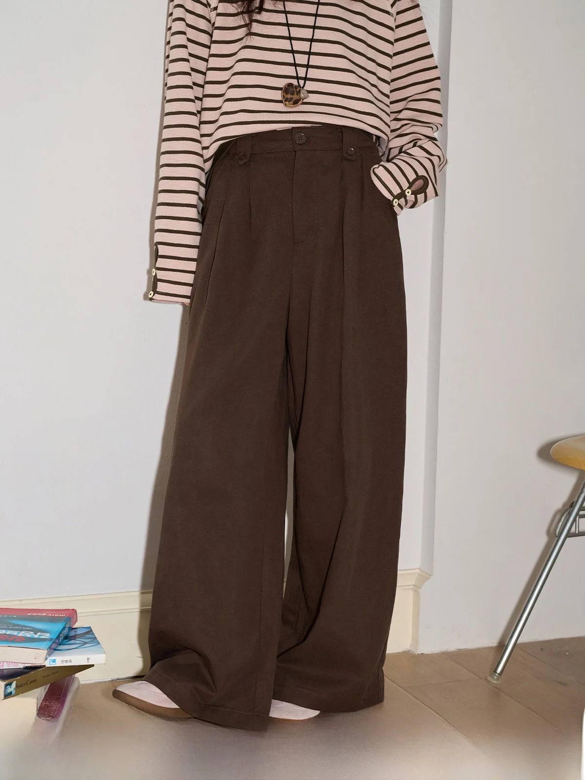 

Brown High Waist Draped Straight Leg Casual Pants Women's Winter New Small Size Loose Wide Leg Long Trousers