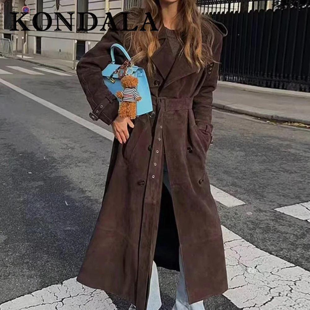 معطف نسائي عتيق موضة خريف 2025 من KONDALA معطف مزدوج الصدر فضفاض وشاحات ملابس خروج طويلة أنيقة للسيدات