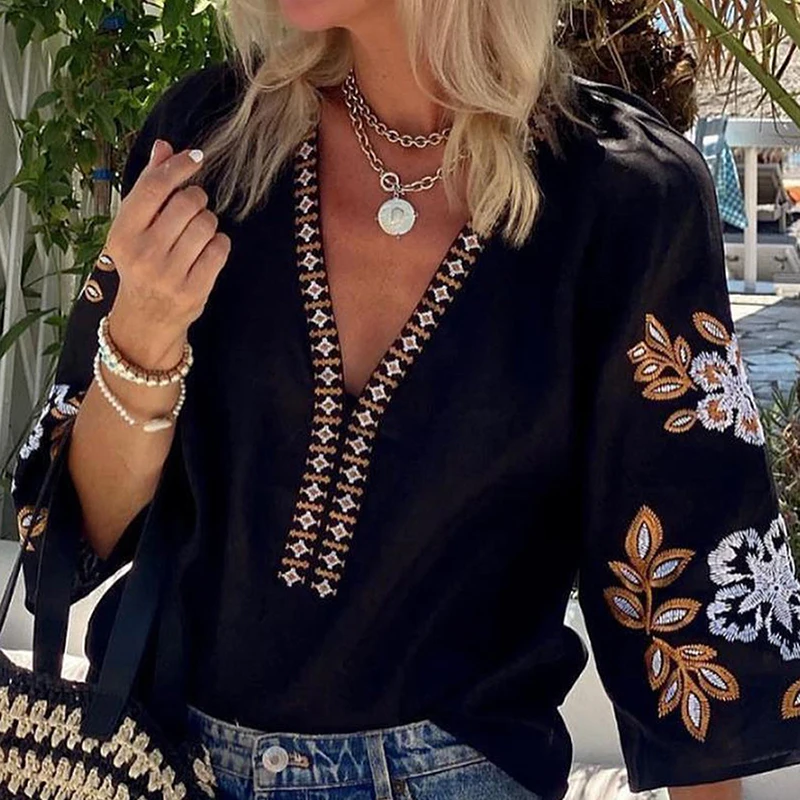 Women Elegant Embroidery Flower Boho Blouse Spring Sexy Deep V Neck Hollow Top Pullover New Autumn 3/4 Sleeve Loose Office Shirt