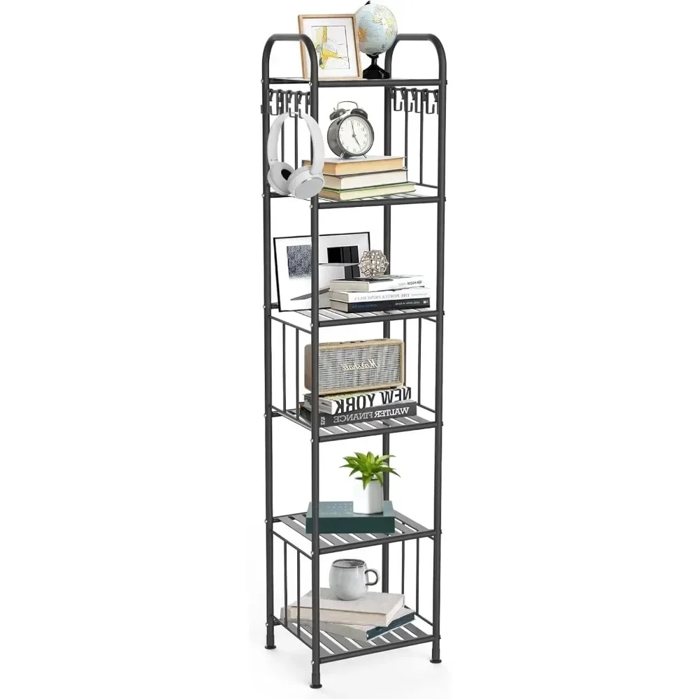 6 Tier Narrow Metal Bathroom Towel Storage Shelving Unit with 10Pcs S Hooks, Freestanding Corner Rack Shelves for Small Spaces,