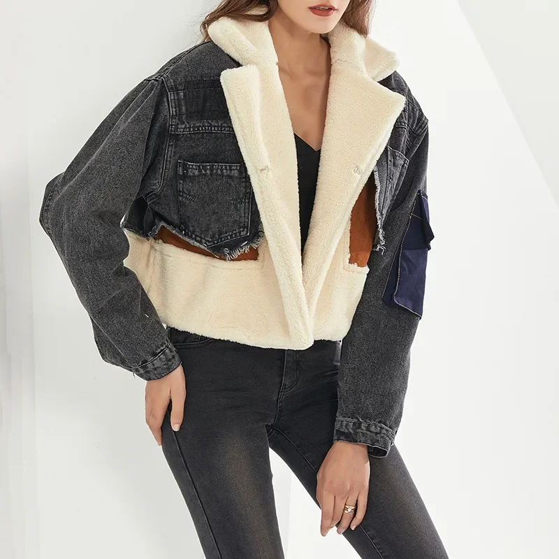 Trendy Denim Fall Winter Coat Women With Fur Thick Ladies  Trim Collar Slim Short Warm Wool Lamb Fur Coat Denim Jacket