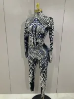 Sexy Shiny Silver Sequins Mirror Black Spandex Jumpsuit 2025 Women Prom Dancer Singer Costume Evening Birthday Show Stage Outfit - Image 2