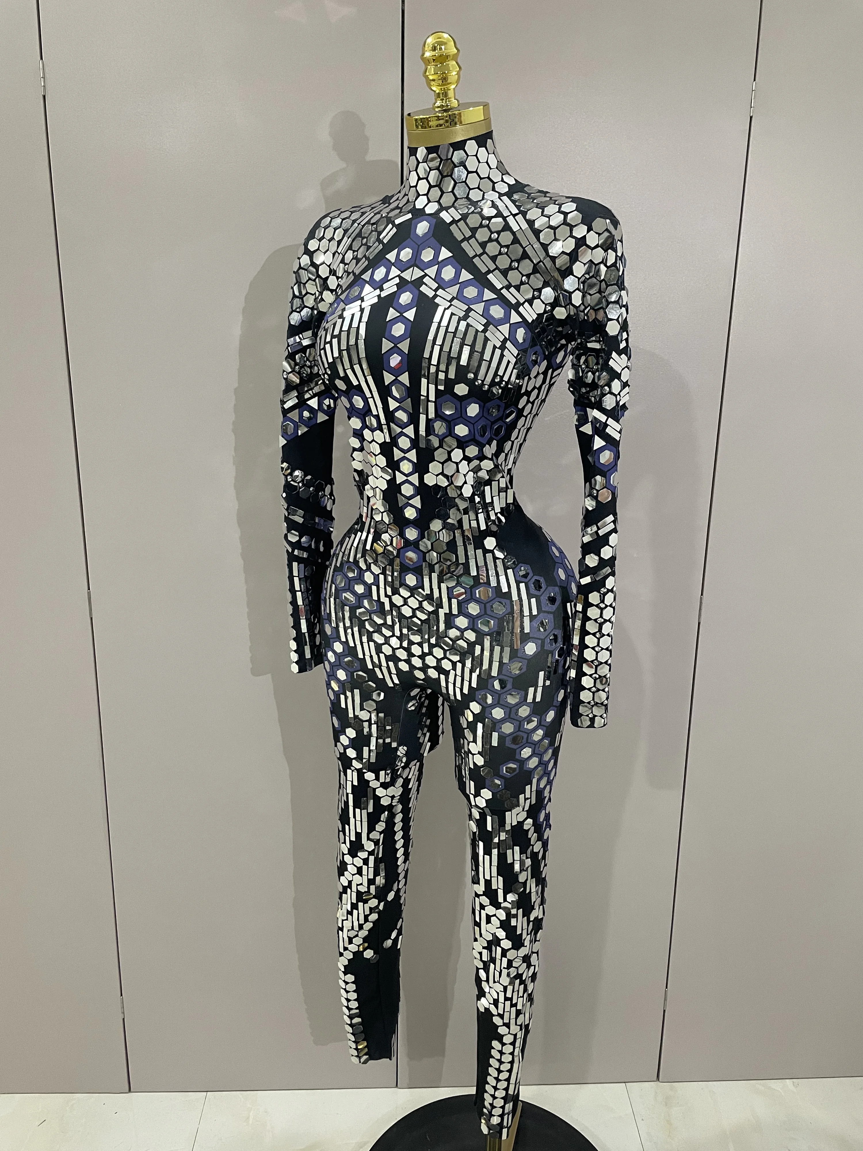 Sexy Shiny Silver Sequins Mirror Black Spandex Jumpsuit 2025 Women Prom Dancer Singer Costume Evening Birthday Show Stage Outfit