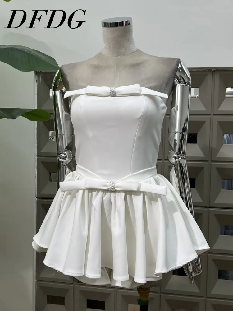 DFDG レディース 2025 春夏 キュートなリボンワンピース オフショルダー ストラップレス カットアウト 鎖骨見せ スリムフィット Aライン ミニ丈 パーティードレス