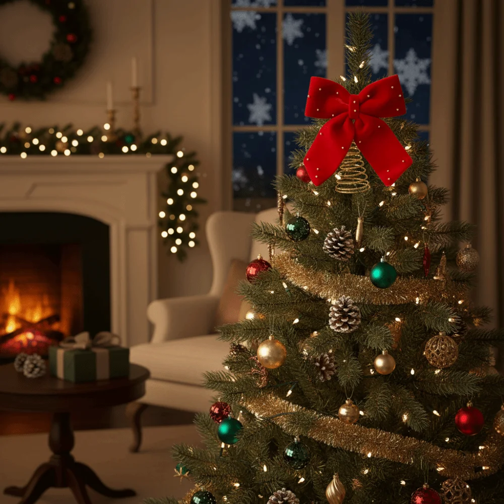 ที่ประดับยอดต้นคริสต์มาสขนาดใหญ่พิเศษ โบว์กำมะหยี่ตกแต่งหรูหรา สีแดงไวน์ รูปดาว สำหรับตกแต่งต้นคริสต์มาส