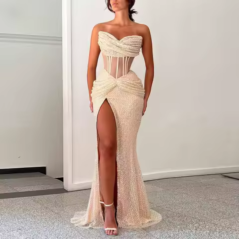 Luxurious Women's Evening Dresses 2025 Tulle Mermaid Valentine's Day Dress Champagne Sweetheart Pleat Hollow Split Prom Dress