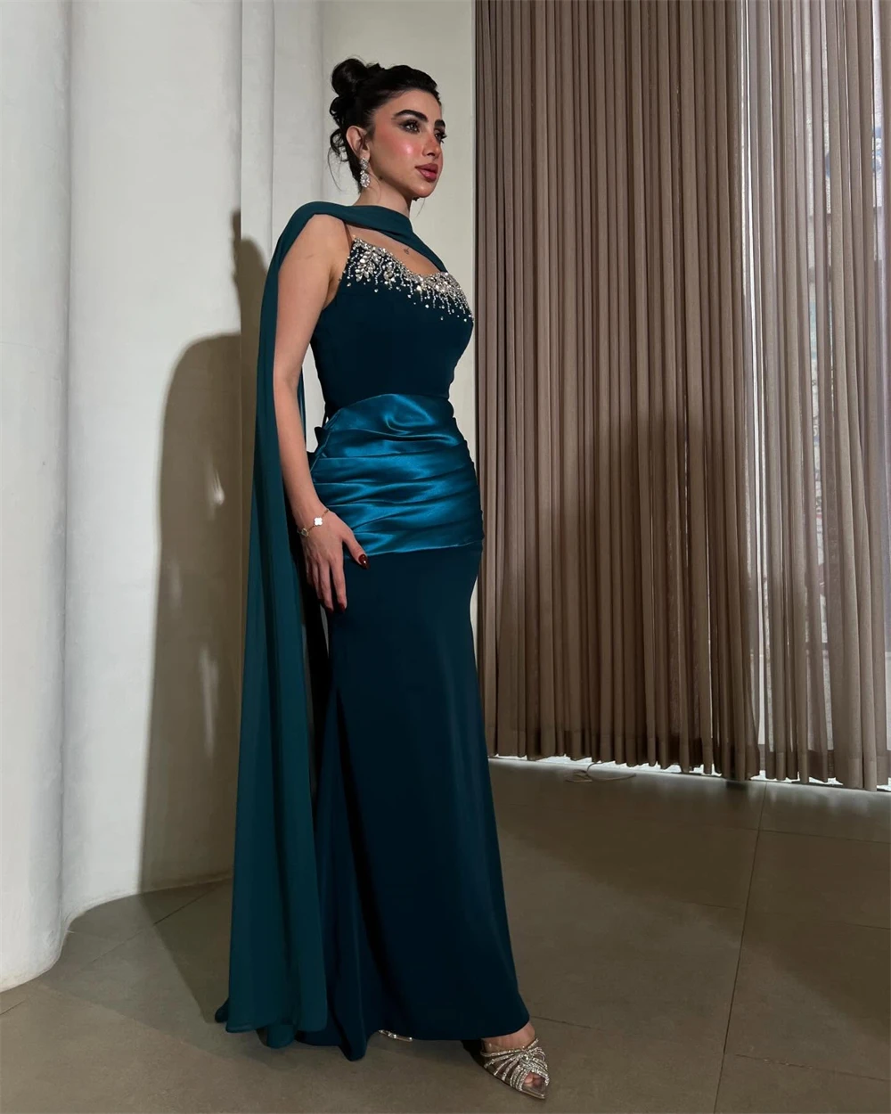 

Customized Elegant Green Jersey Celebrity Gown Classic Sweetheart Sleeveless Evening Dress Boho Mermaid Beading Homecoming Dress