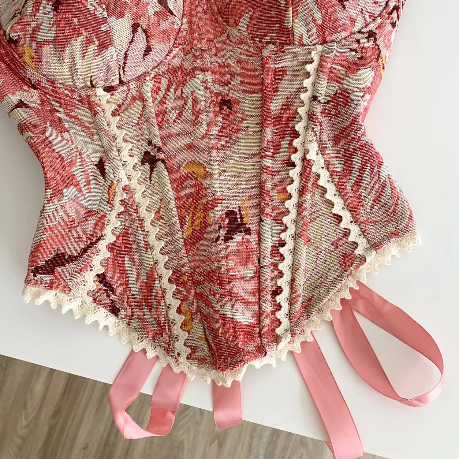 Damen Vintage Blumen-Korsett-Bustier-Top mit abnehmbaren Netzärmeln, Spitzenbesatz und Rückenband, Y2K Party Damen Crop Tops – Detail 13