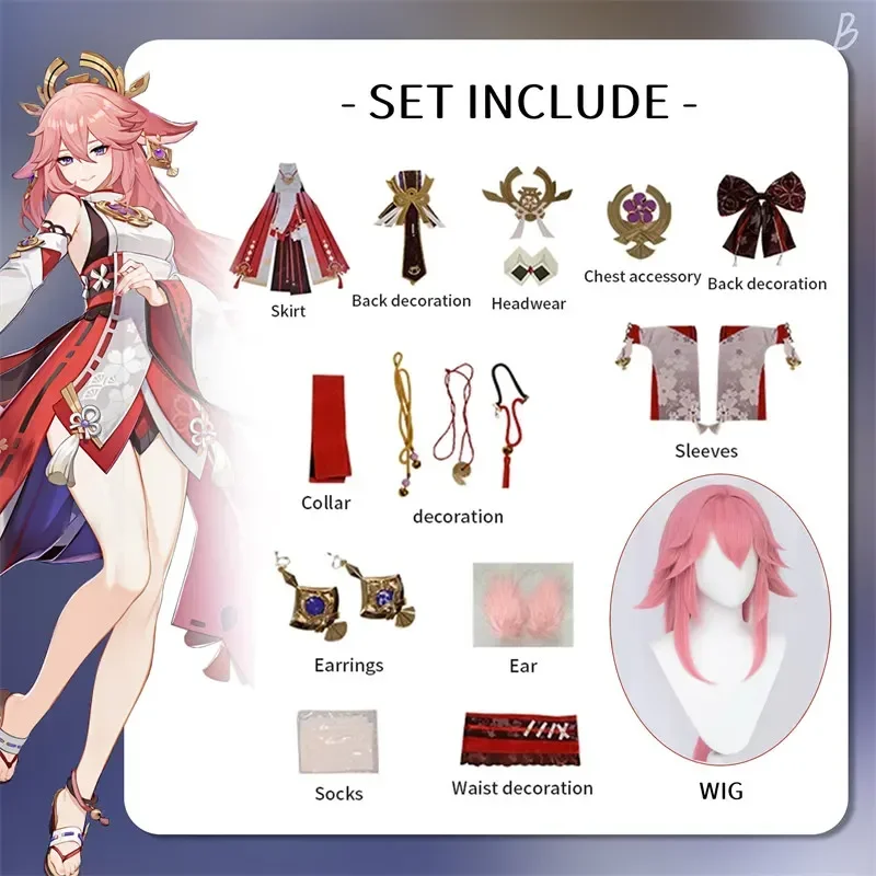 Hoge kwaliteit Yae Miko Cosplay Kostuum Uniform Jacquard Stof Pruik Chinese Stijl Halloween Kostuums voor Vrouwen Game Anime