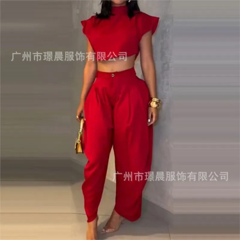 Conjunto de 2 piezas negro de tendencia a la moda, Top corto de cuello alto + Pantalones de cintura alta para mujer, traje informal de calle alta, verano 2025