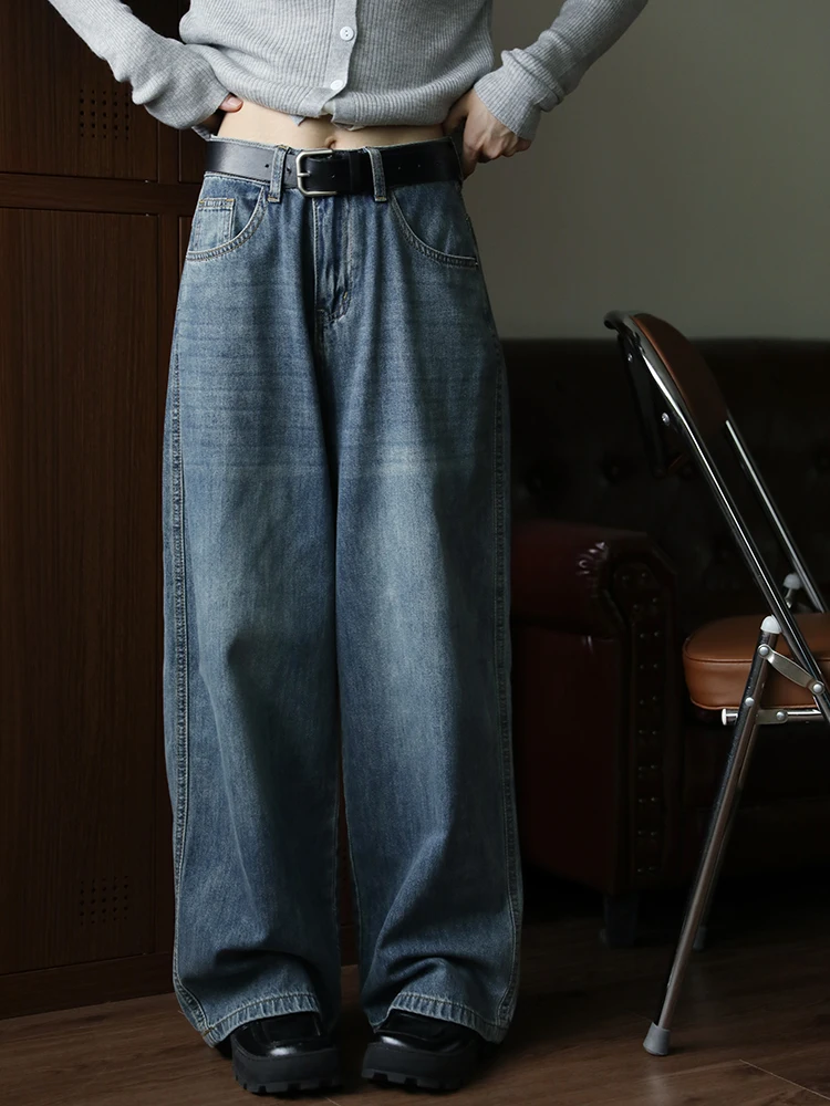 

Винтажные синие выцветшие джинсовые брюки с высокой талией в стиле ретро, широкие брюки, женские осенне-зимние прямые утягивающие длинные брюки