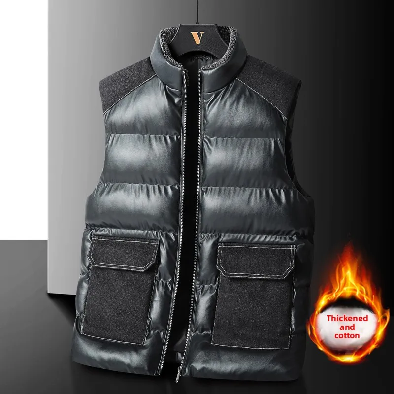 New Large Pocket Fashion Windproof Breathable Sleeveless Cotton Vest for Winter Men's Standing Collar Splicing Thick Warm Vest