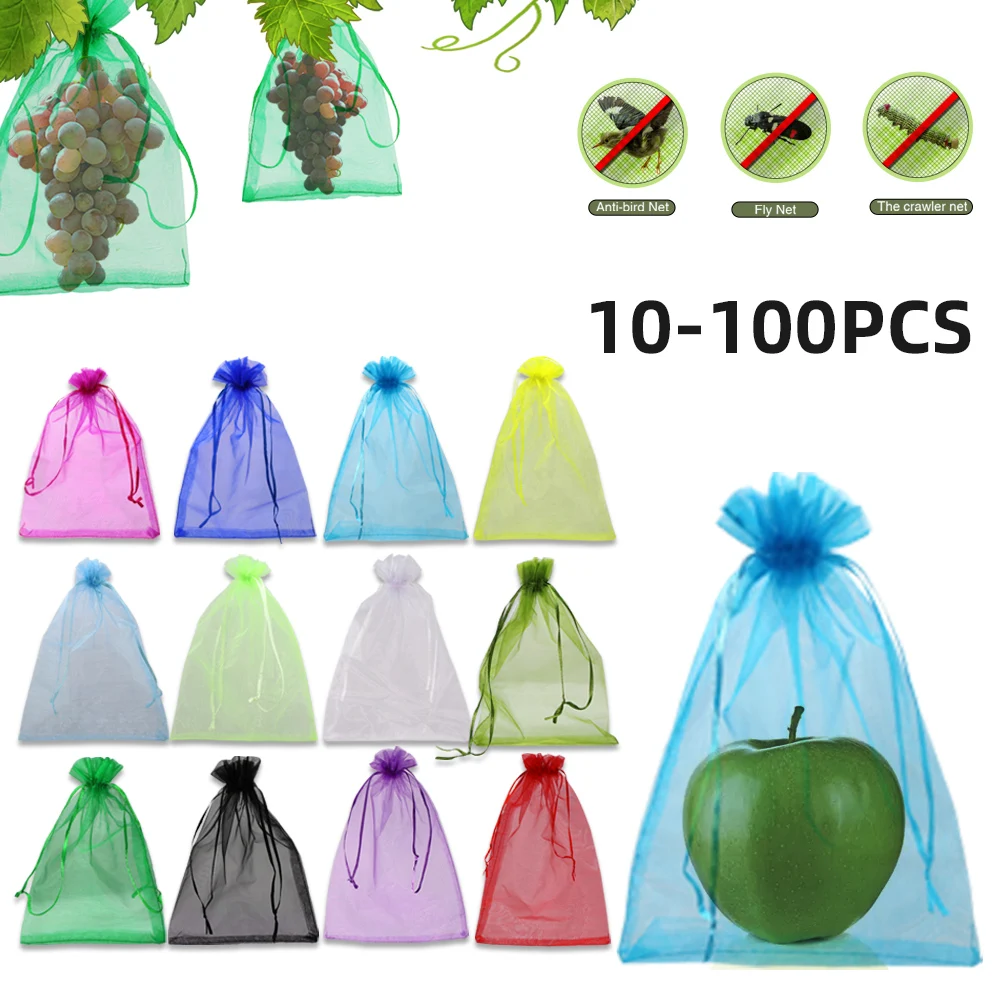 

10-100PCS Fruit Protection Bags with Belt Drawstring Nylon Mesh Strawberry Grape Bird Pest Control Supplies 15 Colors Available