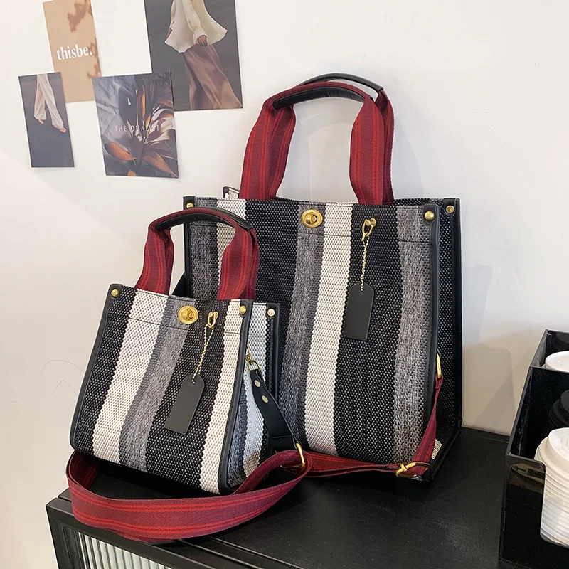 Hoge Schoonheid Canvas Draagtas Voor Vrouwen 2024 Nieuwe Trendy Streepontwerp Eenvoudige Handtas Mode Veelzijdige Crossbody Tassen Met Één Schouder