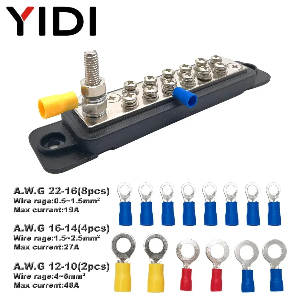 Red+Black Busbar Electric Battery Power Distribution Block Screw Terminal Stud M6 Bus Bar DC 48V 12P Wire Connector for Car Boat
