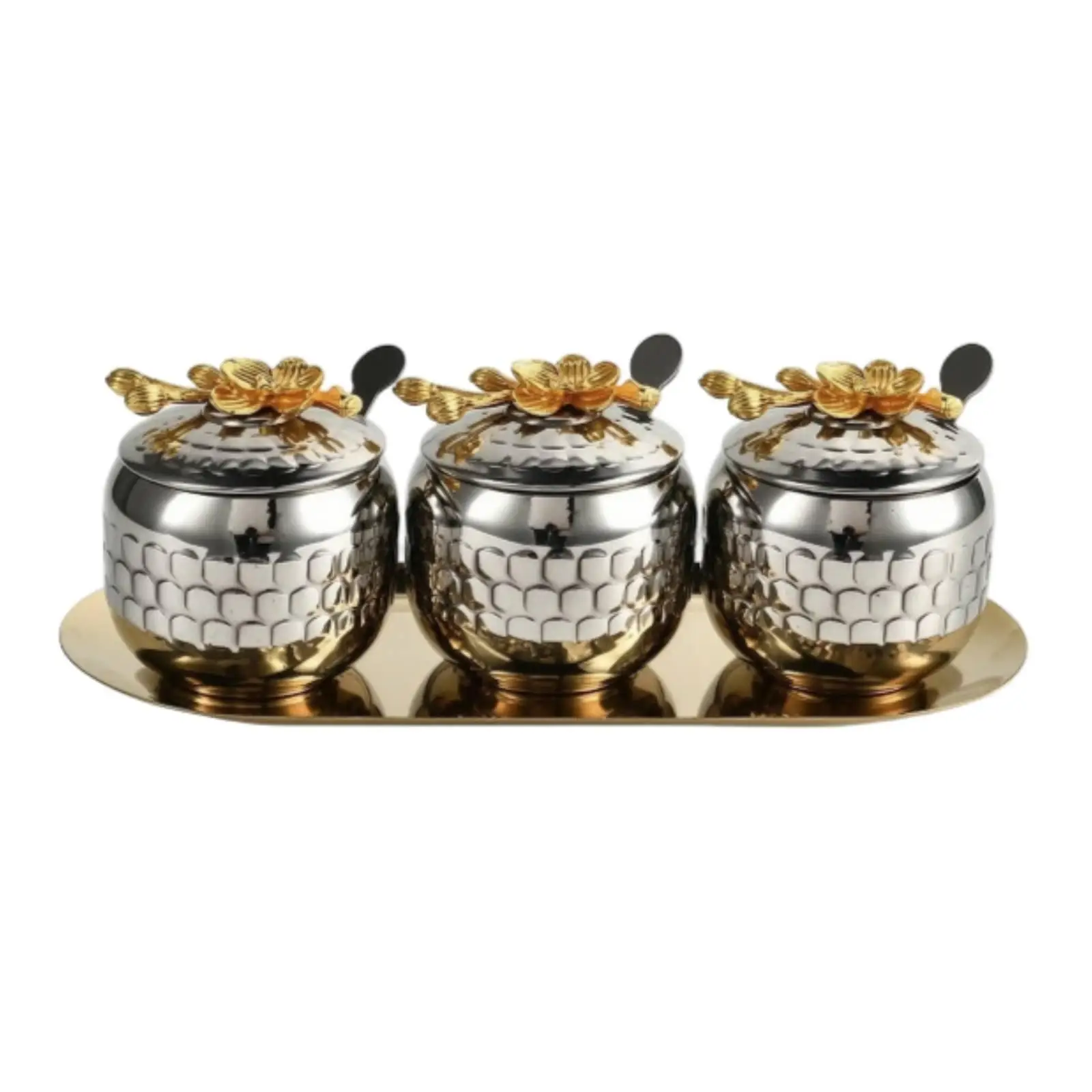 3 Pieces Condiment Jars with Tray Stainless Steel Seasoning Containers with Tray