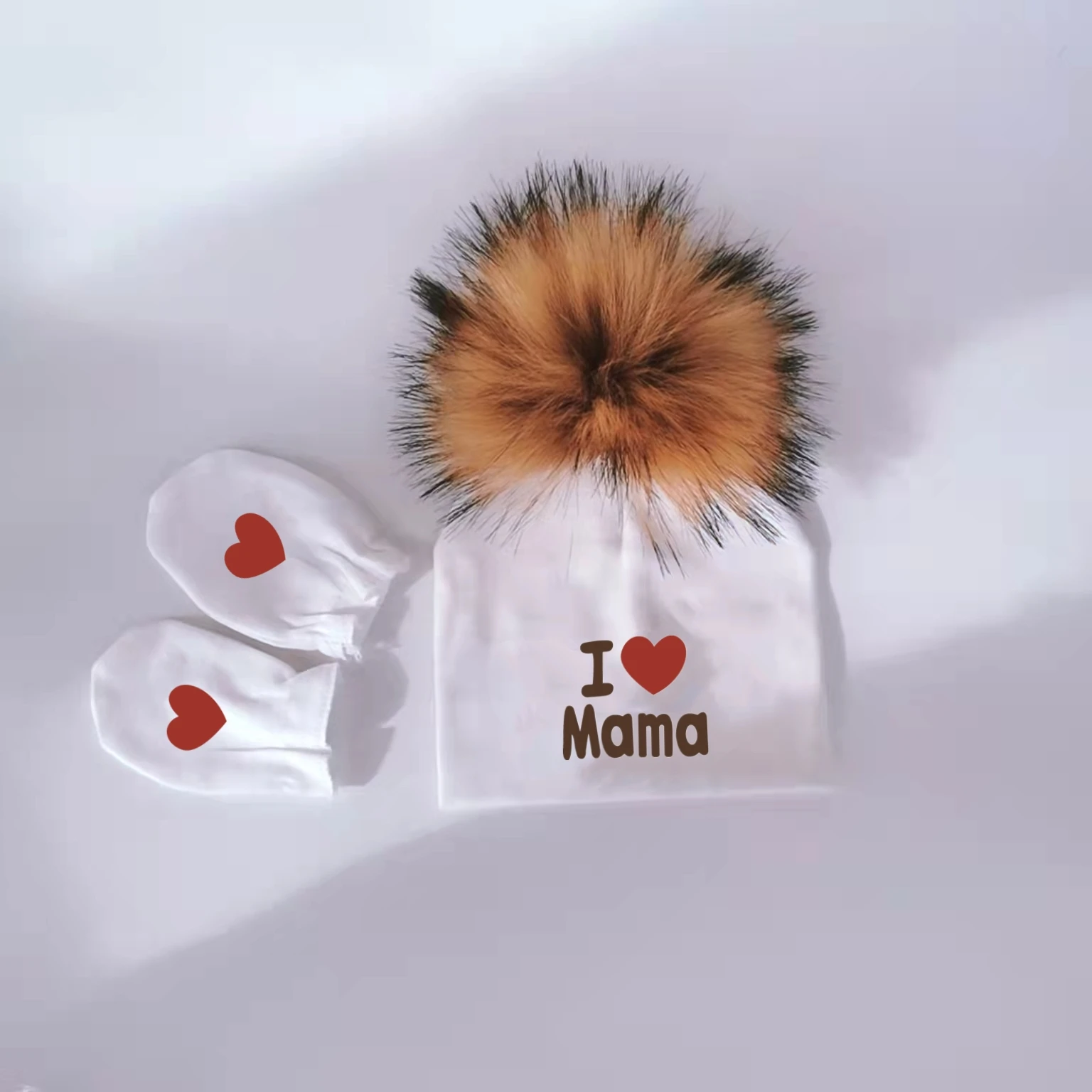 Gorro de algodão com pompom para bebê recém-nascido, adereços fotográficos, chapéu destacável, gorro com luvas, capas para os pés, eu amo mamãe