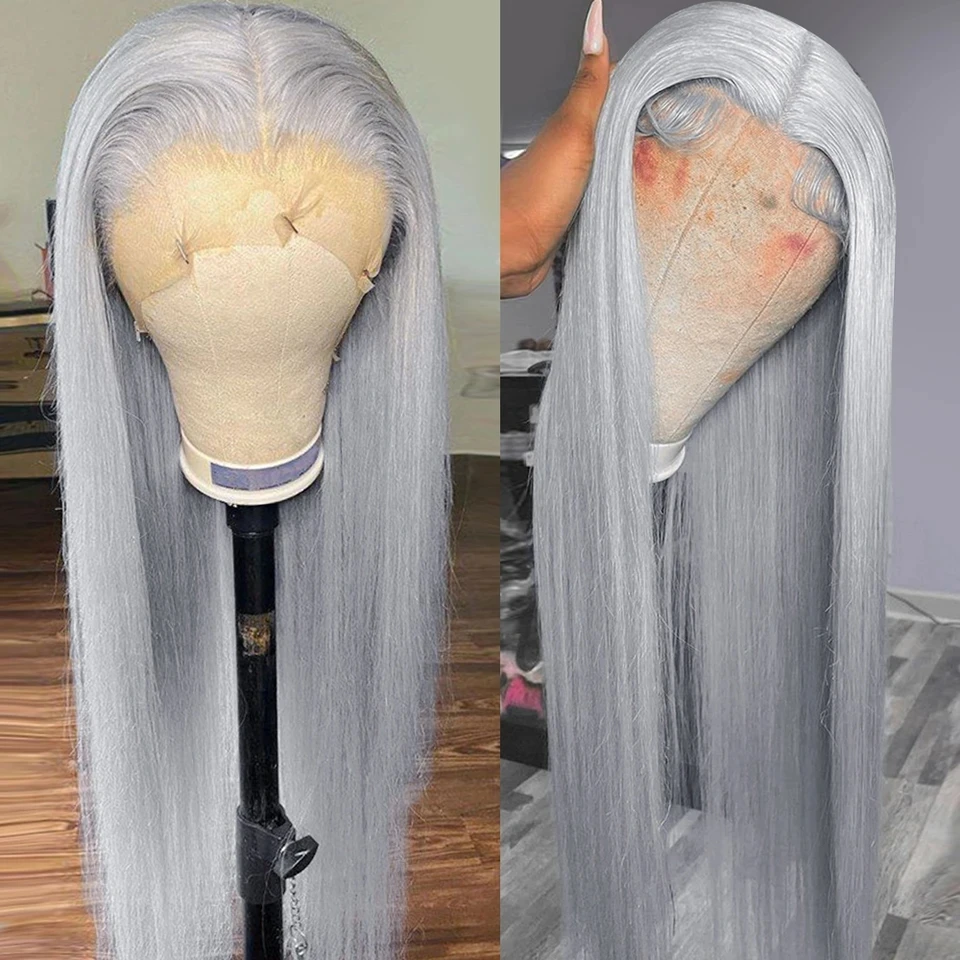 13x 4/13x6 cinza em linha reta laço frontal peruca de cabelo humano preplucked colorido brasileiro em linha reta frente do laço perucas de cabelo humano para mulher