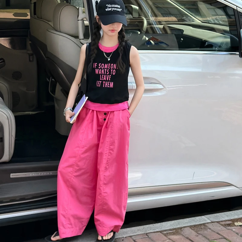 

Girls 2PCs Clothes Set Summer Suit for Kids Ages 4-14Y Spring Vest+Long Pants 2Pec Print Letter Punk Tween Street Style Outfits