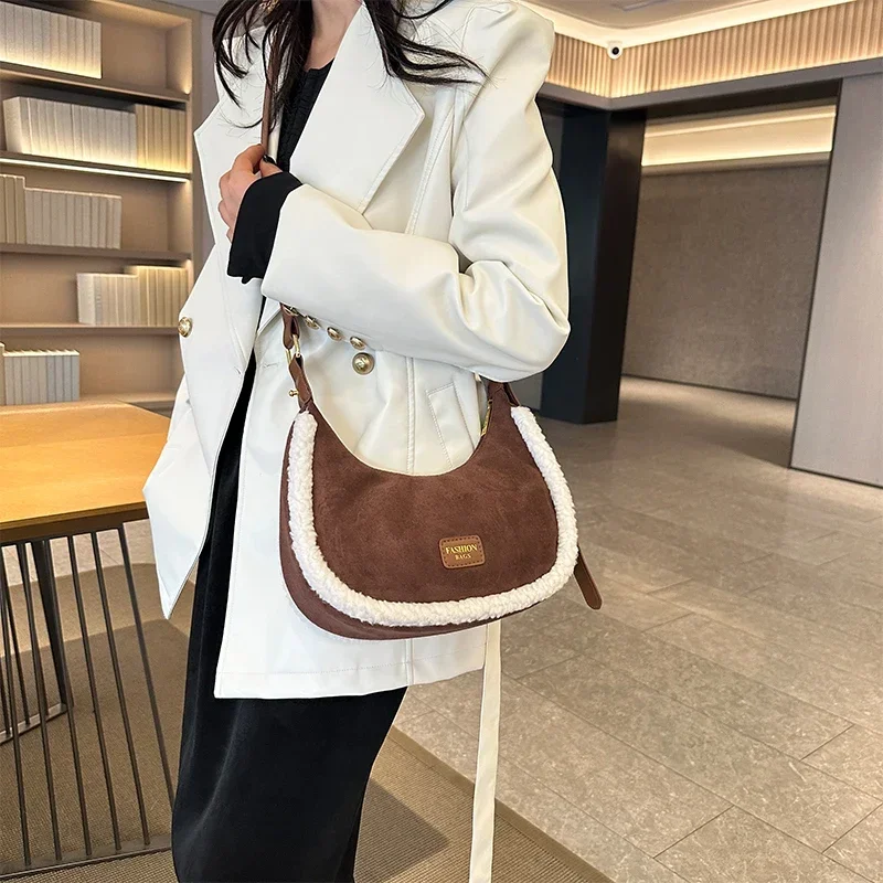 Half Moon Design Underarm Shopper Purse Vintage Suede Leather Handbag Shoulder Classic for Women Winter Small Crossbody Bag Hobo