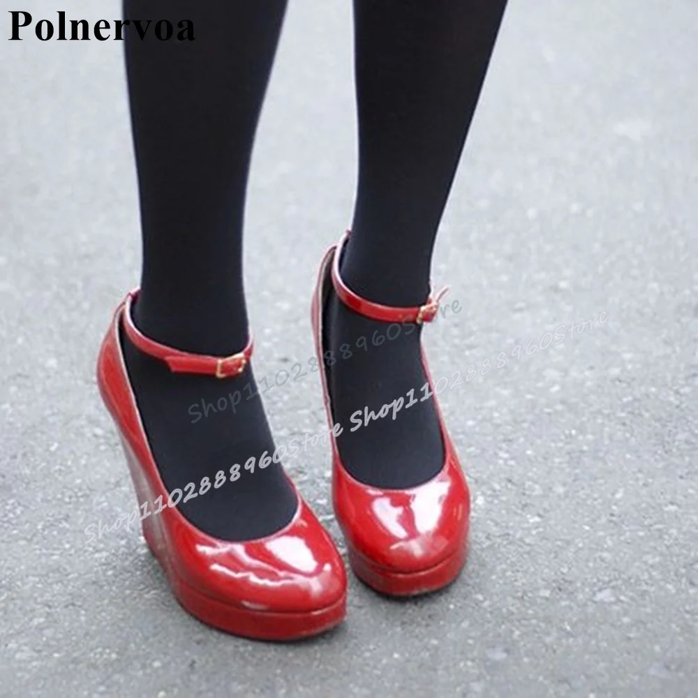 

Trendy Red Glossy Leather Shallow Platform Pumps Wedges High Heel Shoes For Women Buckle Strap Round Toe Casual Banquet Pumps