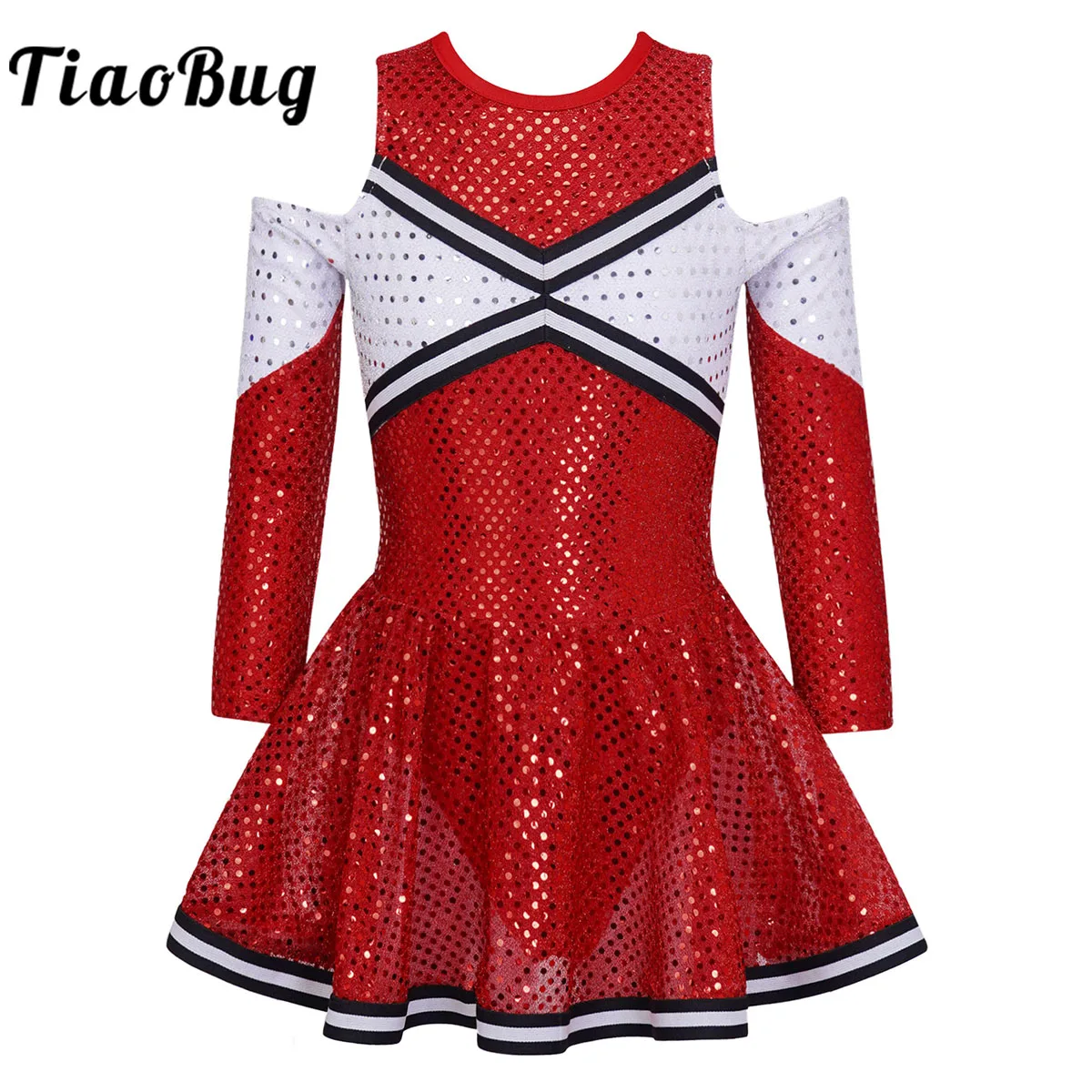 Bambini ragazze paillettes body ginnastica balletto Tutu vestito manica lunga Cold Sholder Cheerleading Dancewear latino Jazz Costume