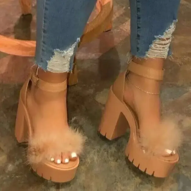 2025 New Women Heeled Sandals Colorful Fluffy Heels for Ladies Fashion Buckle Luxury Designer Shoes for Women Sandalias De Mujer