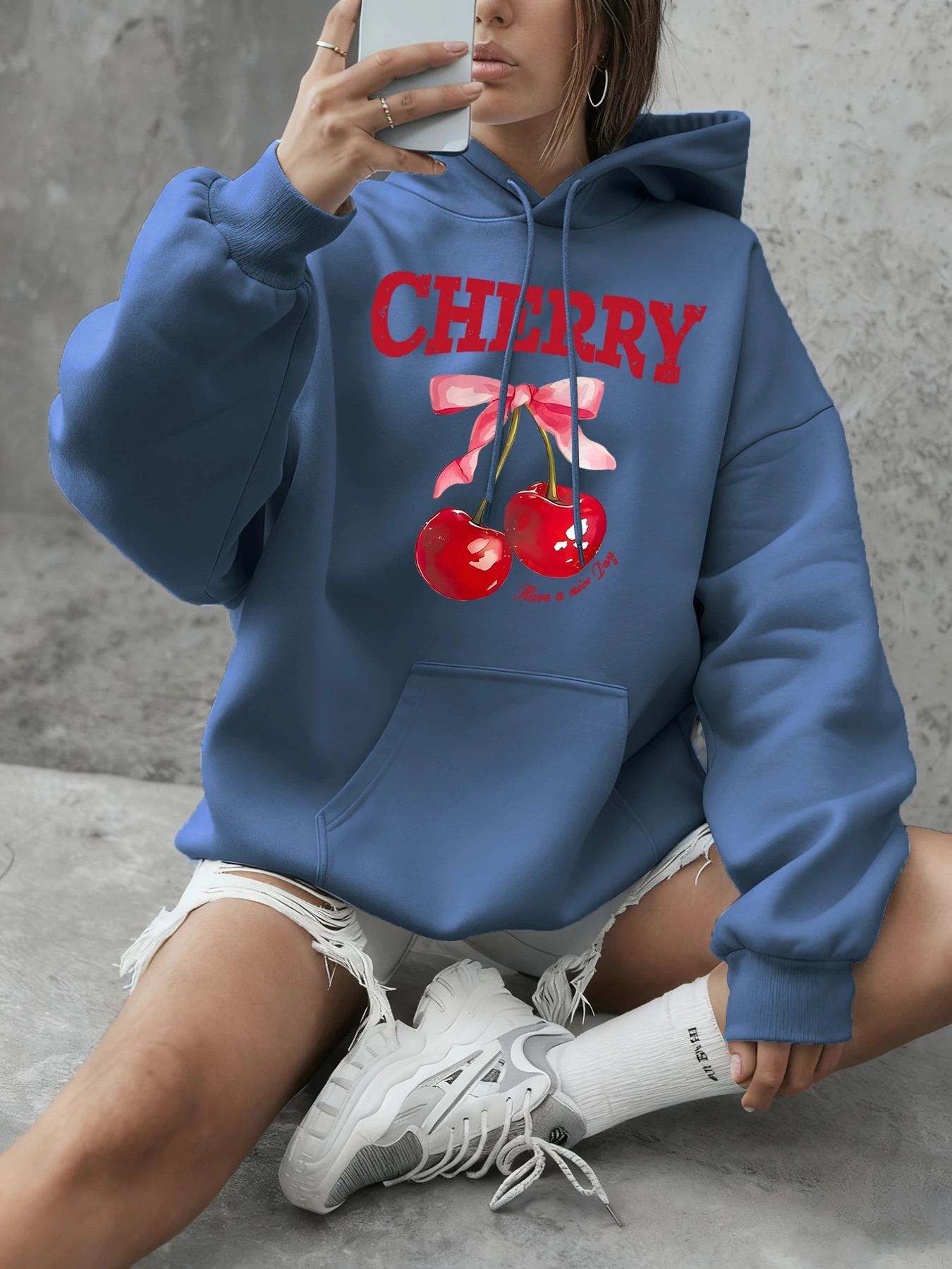 Kersenroze strik heeft een mooie dag Afdrukken Sweatshirt Dames Casual comfortabele sportkleding Herfst Winter Hoodie Fleece sportkleding