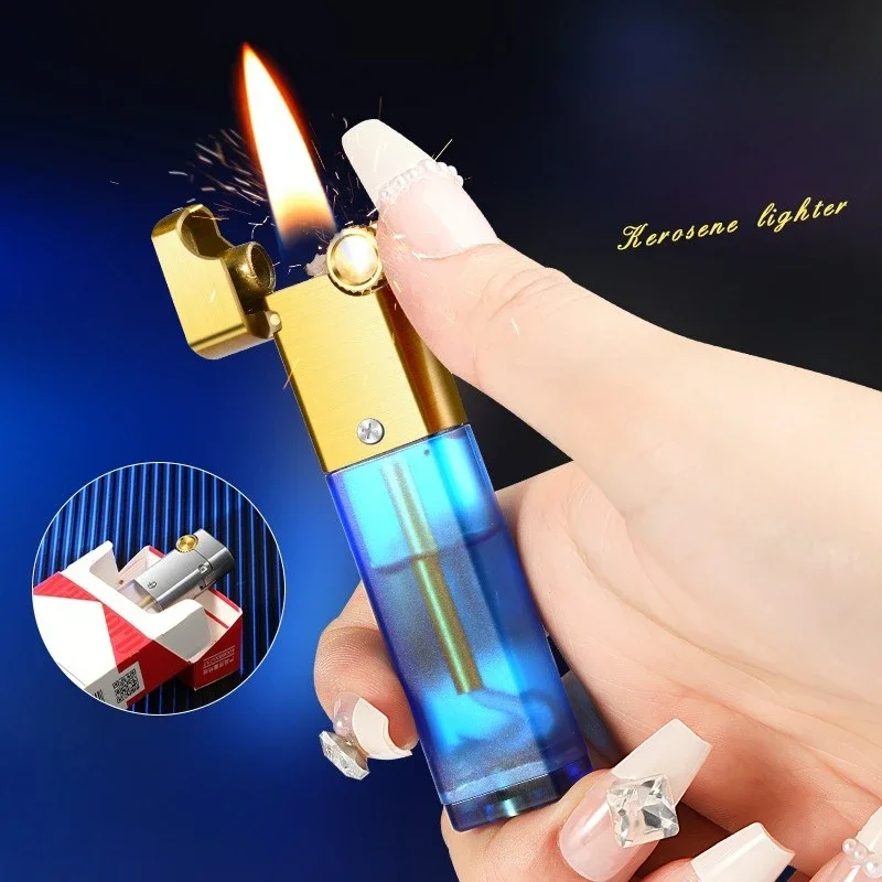 

Transparent Oil Storage Lighter Portable Visible Oil Tank and Open Flame Grinding Wheel Lighter Outdoor Ignition Tool Men's Gift